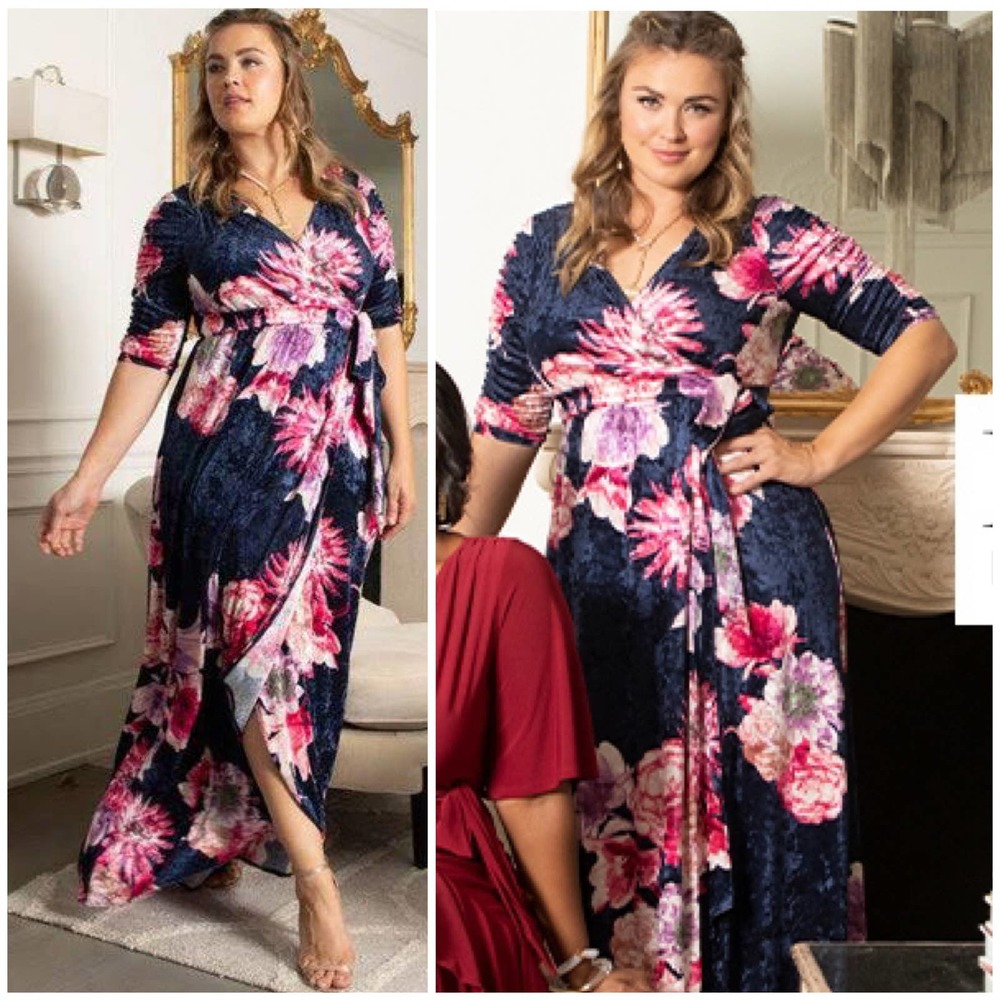Kiyonna Cara Velvet Wrap Dress Floral Printed Blue Pink Size 2X